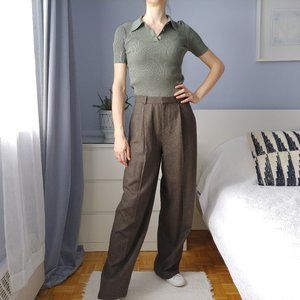 Olive Green Wool Tweed Wide-Leg Trouser Pant SZ 4